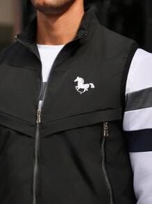 Manfinity Bizformal 男士休闲拉链立领刺绣图案背心，适合夏秋季节