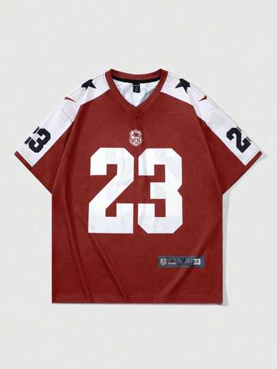 Prep Men's Colorblock Short Sleeve Football Jersey Style T-Shirt, Suitable For Spring/Summer Everyday Wear