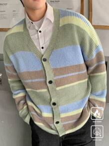 Manfinity Hypemode Men's Casual Striped Color Block Drop Shoulder Loose Button Front Cardigan