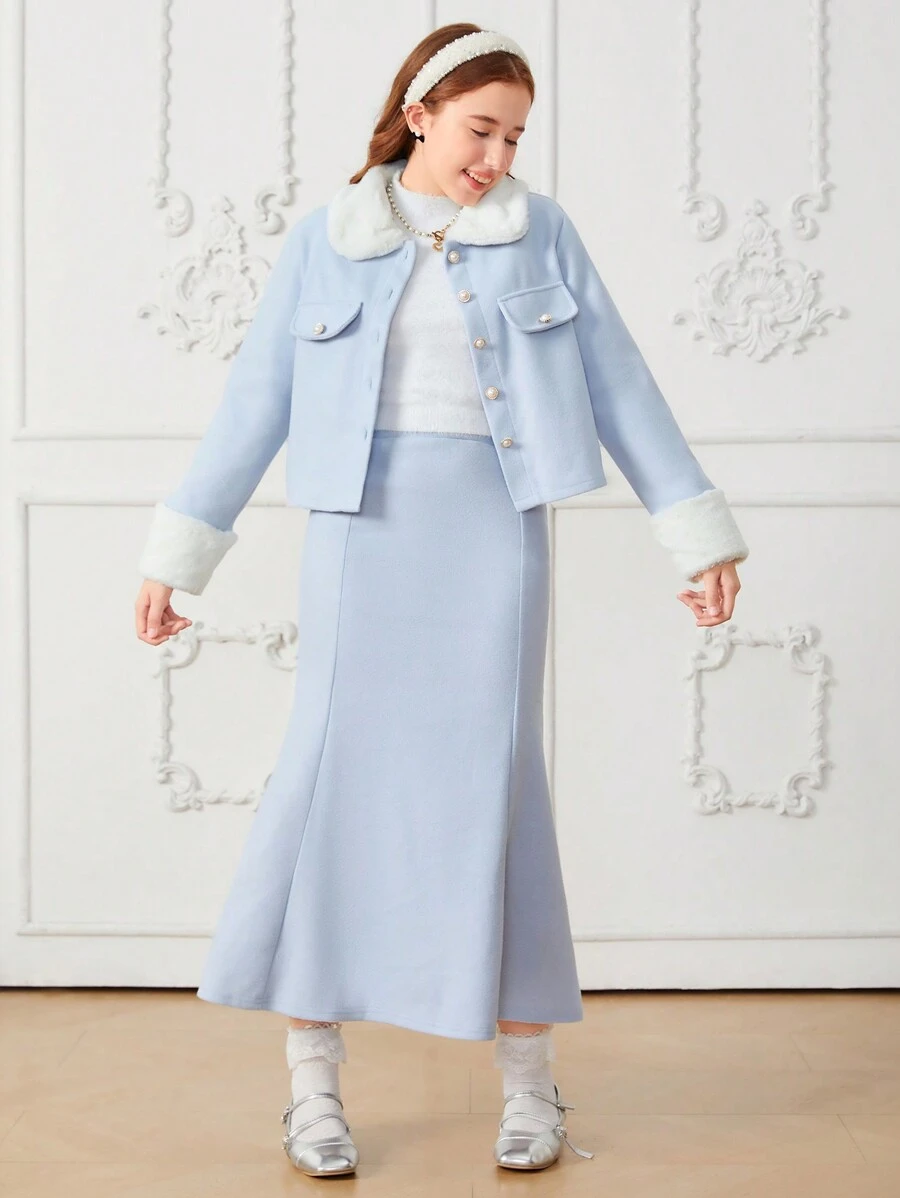 2 Pieces Set: Elegant Short Fluffy Collar Jacket And Fluffy Decor Skirt Suit, Pale Blue, For Teen Girls, Suitable For Autumn/Winter - Baby Blue - View 1