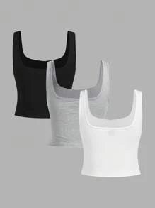 SHEIN EZwear 3 chiếc/gói Áo ba lỗ dệt kim màu trơn thường ngày cho nữ - Nhiều màu - Xem 2