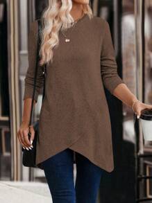 SHEIN LUNE 女士休闲圆领长袖不对称下摆 T 恤，秋季 - 咖啡棕 - 查看 3