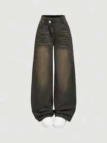 SHEIN Girlism 少女Y2K宽松休闲牛仔裤，带口袋和阔腿设计，适合夏季假期 - 深色水洗藍 - 查看 1