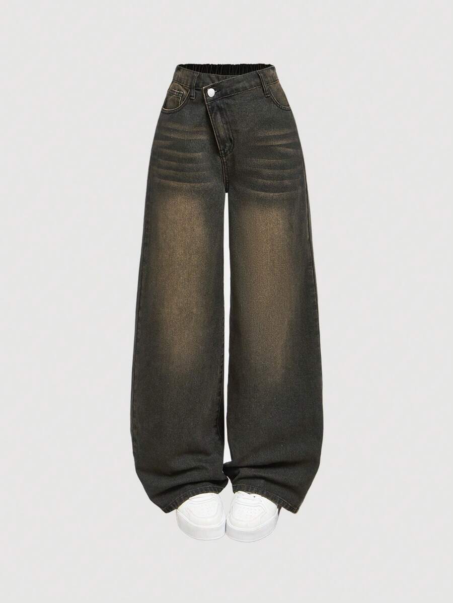 SHEIN Girlism 少女Y2K宽松休闲牛仔裤，带口袋和阔腿设计，适合夏季假期 - 深色水洗藍 - 查看 1