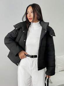 Chiquease 女士加厚连帽绗缝棉被夹棉大衣，保暖，适合秋冬季衣服 - 黑色 - 查看 3