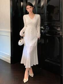 DAZY Women V-Neck Front Button Lace Patchwork Long Sleeve Dress,Ruffle,Fall Dress Prom Dress Elegant Women Dresses - White - View 3