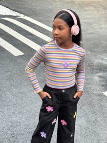 SHEIN 2 pièces Ensemble de Top à manches longues en tricot à encolure ronde rayé et pantalon droit pour filles pré-adolescentes, style de rue - Multicolore - Voir 5
