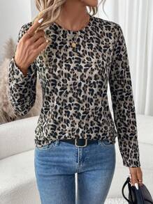 SHEIN LUNE 豹纹圆领长袖针织舒适休闲 T 恤女款，秋冬 - 彩色 - 查看 4