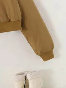 SHEIN Chaqueta casual acolchada de peluche con cuello de color contrastante, versátil para el invierno, para chicas adolescentes - Marrón - Ver 6