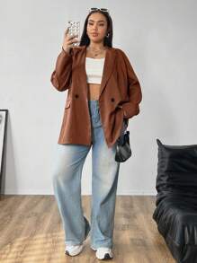 Flirla Plus Size Casual Pinstripe Double Breasted Loose Blazer - Multicolor - View 6