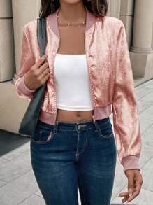 SHEIN LUNE Solid Color Zip-Up Foil Short Casual Lightweight Jacket, Long Sleeve Fall Winter Cloth For Women - Pink - View 3