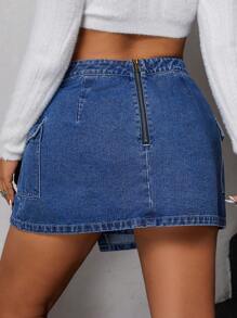 SHEIN ICON Plus Size Casual Washed Asymmetric Utility Denim Skirt