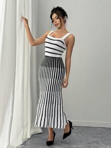 SHEIN Unity 1 件女式方领修腰针织条纹 A 字形毛衣裙，秋冬季保暖 - 彩色 - 查看 3