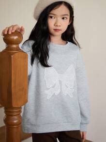 DAZY Tween Girl Round Neck Bow Knitted Sweatshirt, Fall,Back To School Clothes - Grey - View 7
