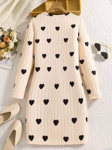 SHEIN 青少年女孩休闲心形印花连衣裙，适合日常穿着，秋季 - 杏色 - 查看 2