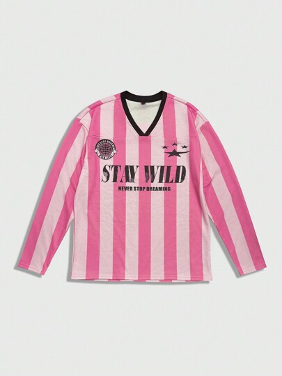 Prep T-shirt casual à manches longues pour homme avec col en V, imprimé de lettres et de rayures