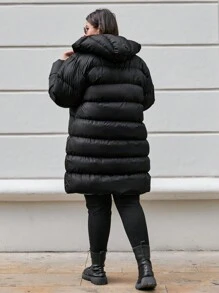 SHEIN Cottnline Plus Women's Pink Lined Puffer Winter Coat With Hoodie - Black - View 2