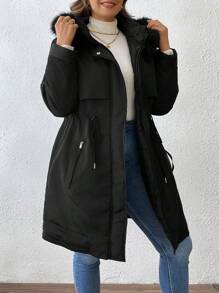 SHEIN LUNE Plus Size Women Solid Color Patchwork Fuzzy Hooded Casual Padded Coat For Winter Fall Cloth For Women - Black - View 5