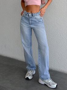 EURMUSE 女士休闲宽松直筒口袋牛仔裤