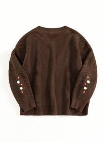 SHEIN Unity 大码女式花卉刺绣圆领长袖休闲套头毛衣，秋冬针织套头衫 - 咖啡棕 - 查看 2