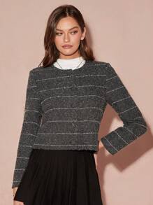 Enchnt 女士优雅休闲条纹短款夹克，秋季 - 灰色 - 查看 9