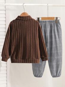 2pcs/Set Young Boys Casual College Style Comfortable & Fashionable Textured Fabric Sweatshirt Preppy Top & Plaid Pants, Versatile First Day Of School Kids Outfit, Young Boy Clothes For School, Back To School, Suitable For Daily Wear, Outing, Sports In Autumn/Winter