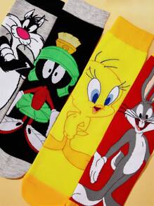 LOONEY TUNES X SHEIN 2 pares de calcetines de mujer de media pantorrilla con diseño asimétrico de bloques de color y estampado de dibujos animados
