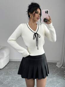 Chiquease Apricot V-Neck Drawstring Casual Long Sleeve Pullover Sweater, Knit Pullover Fall Winter - Apricot - View 1