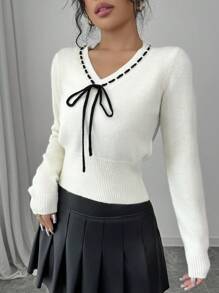 Chiquease Apricot V-Neck Drawstring Casual Long Sleeve Pullover Sweater, Knit Pullover Fall Winter - Apricot - View 7
