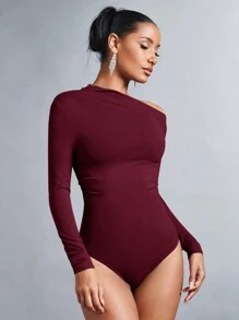 SHEIN BAE 1 件女式优雅纯色不对称领口长袖紧身衣，秋季 - 酒紅色 - 查看 4