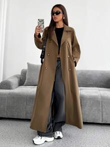 SHEIN EZwear Autumn/Winter New Brown Lapel Double-Breasted Long Women's Trench Coat
