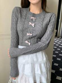 DAZY 女式短款蝴蝶结装饰套头针织毛衣，秋季服装 - 灰色 - 查看 5