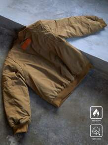 Manfinity Hypemode Men's Long Sleeve Front Button Badge & Large Pocket Padded Casual Jacket, Winter - Khaki - View 4