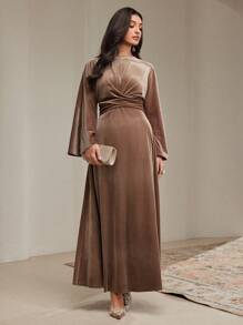 Veilorie Women Solid Color Round Neck Batwing Sleeve Elegant Dress With Waist Cross Details Modest