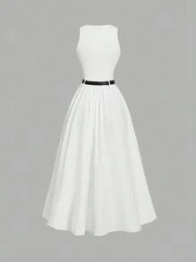 SHEIN MOD Women Solid Color Summer Sleeveless A-Line Dress With Belt ,Homecoming Dresses,Concert Women Outfit,Dark Academia,Renaissance Dress,White Graduation Dress