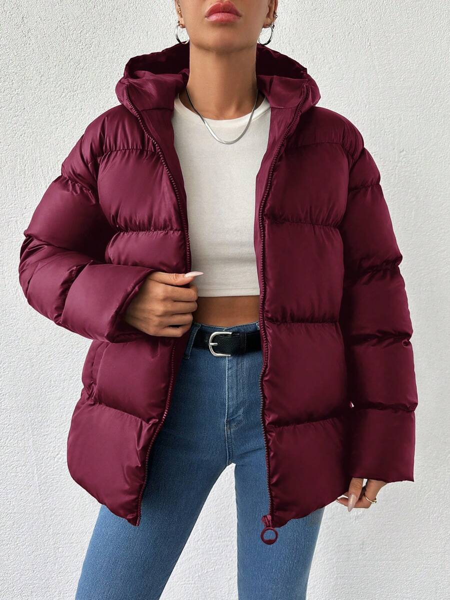 SHEIN Tall Casual Solid Zip Up Hooded Padded Coat, Tall Women - Burgundy - View 1