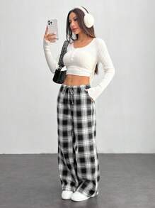 SHEIN PETITE Pantalones de mujer con cintura de cordón y estampado a cuadros - Azul Marino - Ver 5