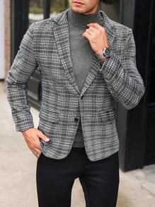 Manfinity Bizformal 男士商务休闲灰色格纹纹理西装外套，秋装 - 黑色 - 查看 3