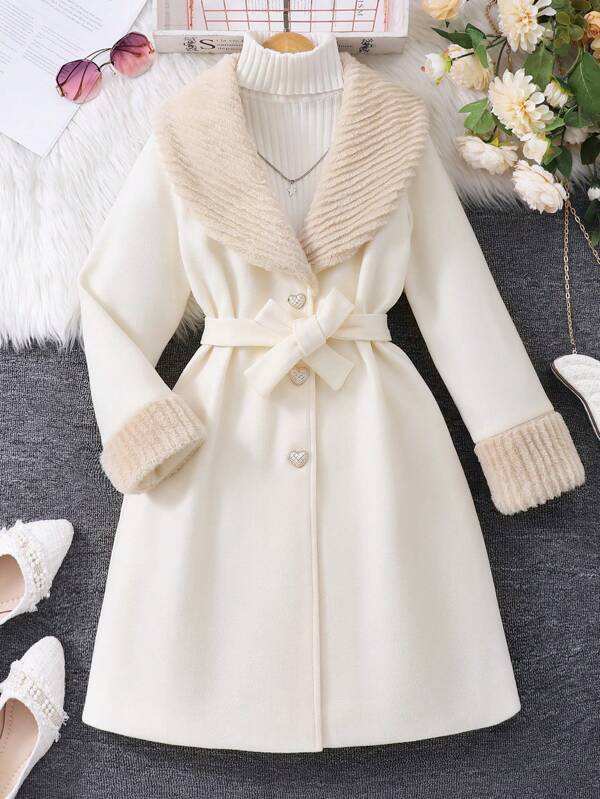 SHEIN Tween Girl Belted Button Up Front Long Sleeve Overcoat, Dressy & Fashionable