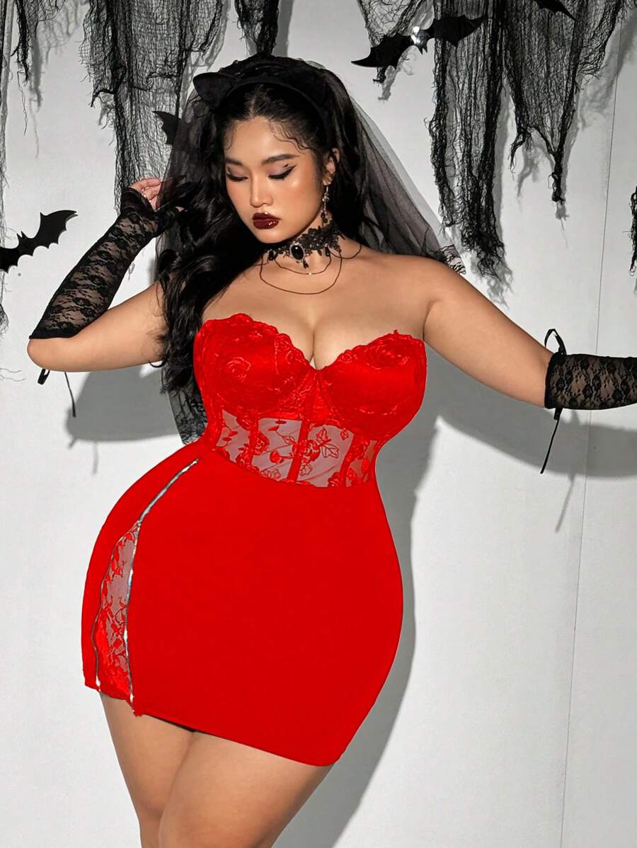 Flirla Plus Size Solid Color Lace Patchwork Strapless Sexy Sleeveless Dress - Red - View 1