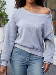 INAWLY Sudadera holgada con estampado de letra asimétrica en el hombro, de estilo minimalista y casual para mujer, para otoño - Gris - Ver 6