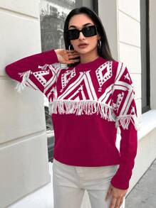 EURMUSE Women Geometric Print Fringe Decor Crew Neck Casual Pullover Sweater - Burgundy - View 3