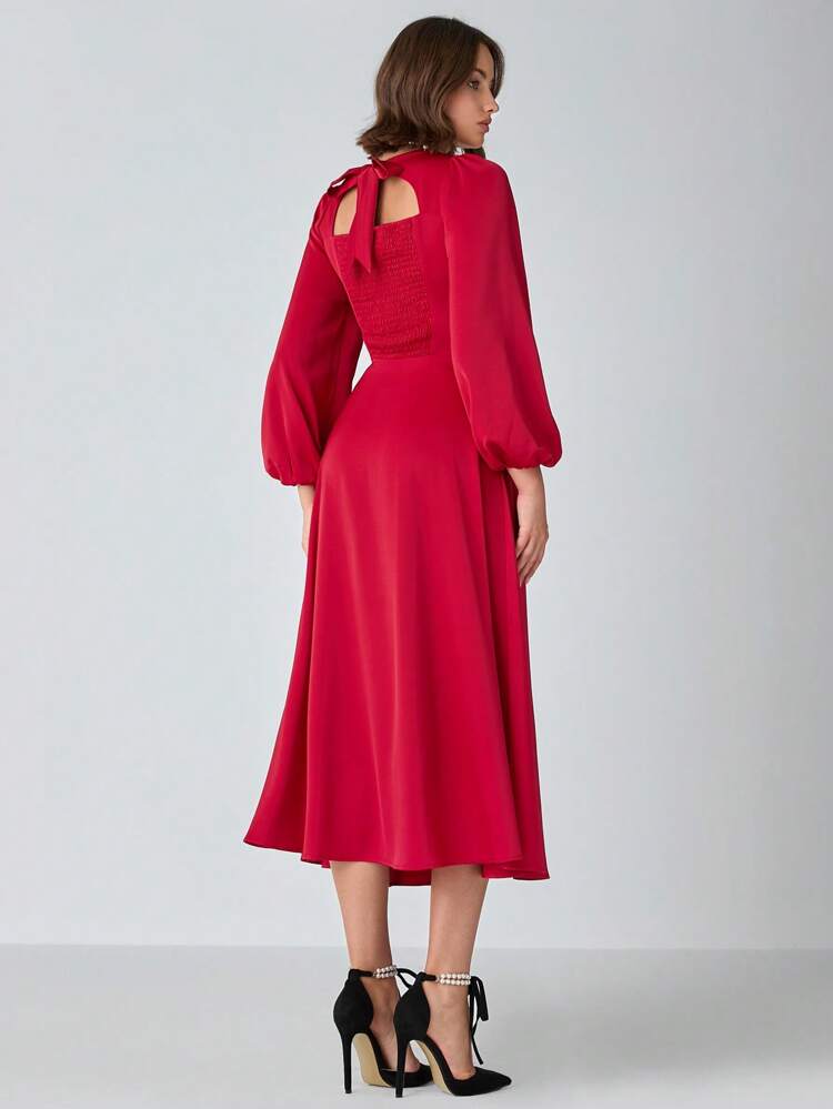 1pc Women's Elegant Solid Color Lantern Sleeve Dress, French Red Elegant Satin Sexy Dress, Party Dress, New Year Dress, Christmas Dress For Daily, Social Wear, Autumn And Winter Dress