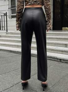 SHEIN Cottnline Urban Style Faux Fur Leather Fleece Back Warm Feel Carrot Fit Ankle Length Women's Pants - Black - View 2