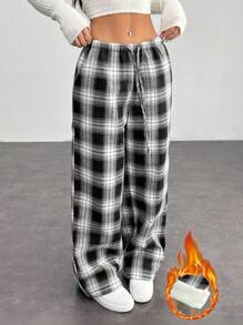 SHEIN PETITE Pantalones de mujer con cintura de cordón y estampado a cuadros - Azul Marino - Ver 4