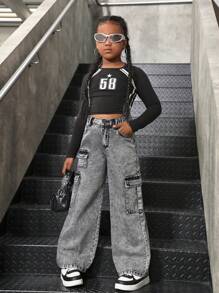 Sparklyn 女童休闲百搭 Y2K 时尚石洗高腰翻盖口袋宽松舒适灰色和黑色水洗牛仔裤 - 深灰色 - 查看 6