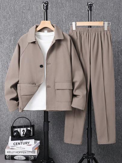 SHEIN Tween-Jungen 2-teiliges lässiges Blazer- und Hosenanzug-Set, Gentleman-Stil, geeignet für Herbst, Frühling, Winter, Spielen im Freien, Schule, Streetstyle, Partys und Lässig , gutes Preis-Leistungs-Verhältnis