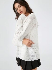 SHEIN EZwear Women Loose Hollow Out White Knitted Jacquard Off Shoulder Sweater, Casual For Autumn/Winter - White - View 4