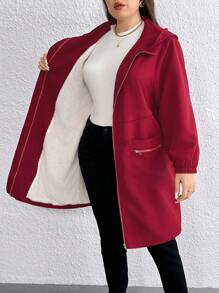 SHEIN LUNE Women's Fashionable, Elegant, Hooded, Pocketed, Zipper Decorated, Versatile, Thick Autumn/Winter Plus Size Jacket, Suitable For Halloween, Christmas, New Year, Valentine's Day, Thanksgiving, Parties And Galas - Burgundy - View 6