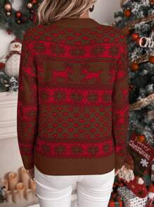 Chiquease 女士休闲圣诞驯鹿雪花图案落肩宽松套头毛衣针织衫秋冬款 - 咖啡棕 - 查看 2